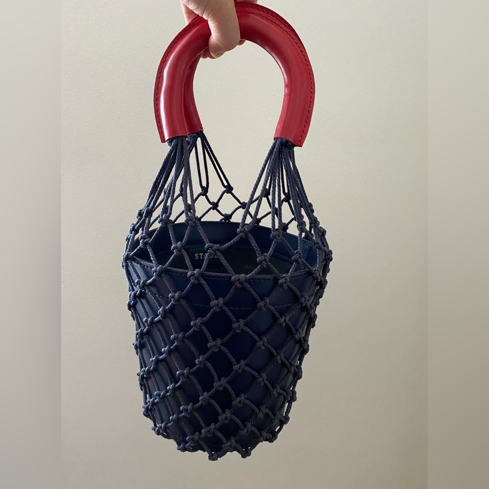 Staud Moreau Leather Bucket Bag Red Navy Net Bag